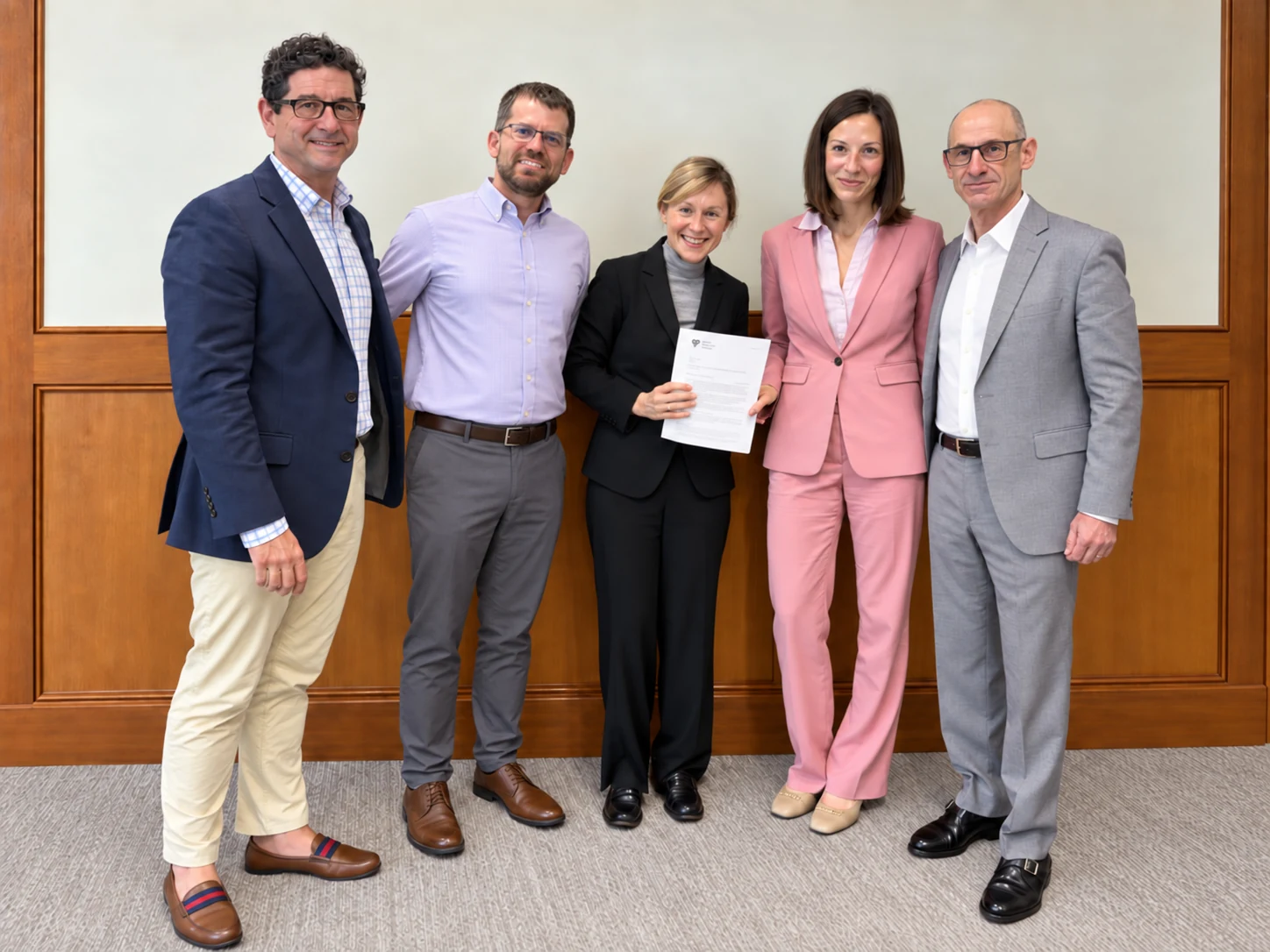 Five people stand together in front of a wood-paneled wall, with one person holding the Kaleo Legal case study.